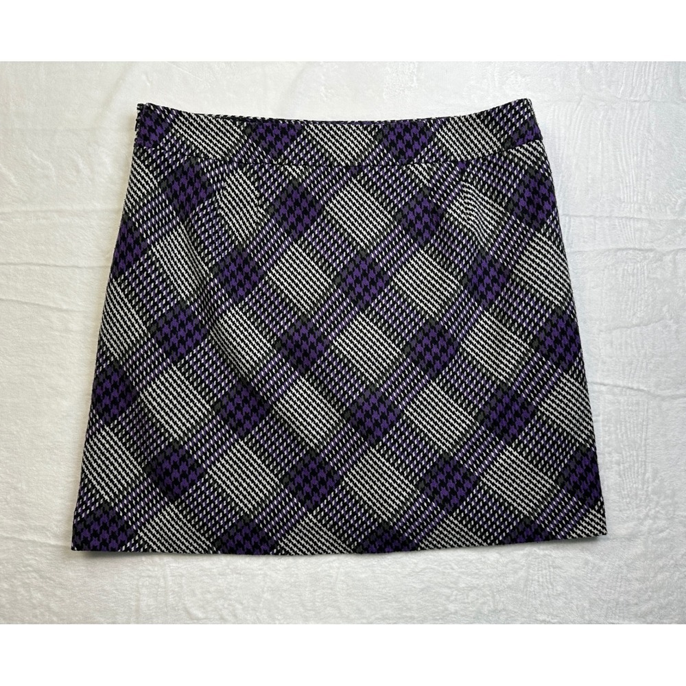 LOFT Plaid Mini Skirt Women 16 Purple Houndstooth Wool Blend A-Line Career